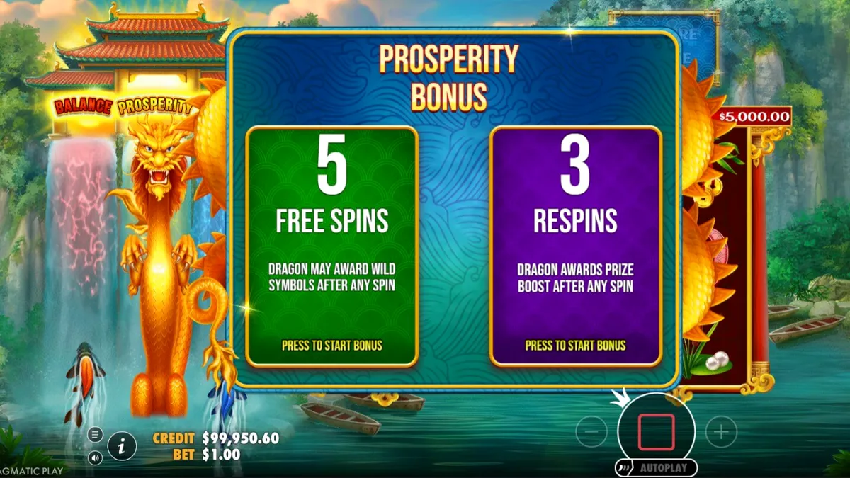 Tampilan visual slot Dragon’s Gate Bonus Choice dengan tema naga dan pegunungan