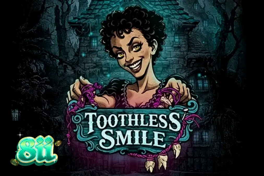 Tampilan layar permainan slot Toothless Smile dengan tema horor dental dan simbol-simbol menyeramkan.